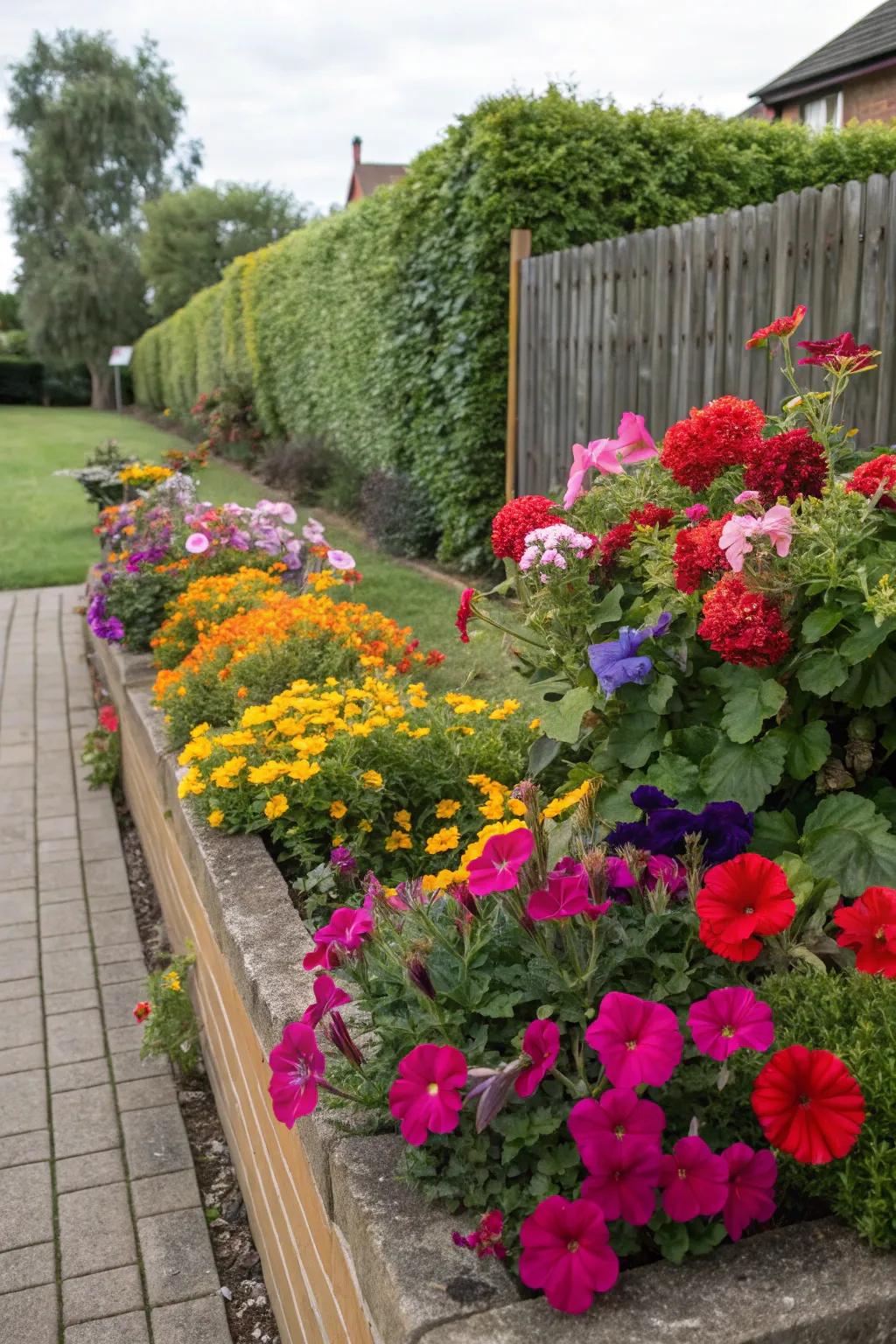 A mixed flower bed with geraniums offers a burst of color and texture.