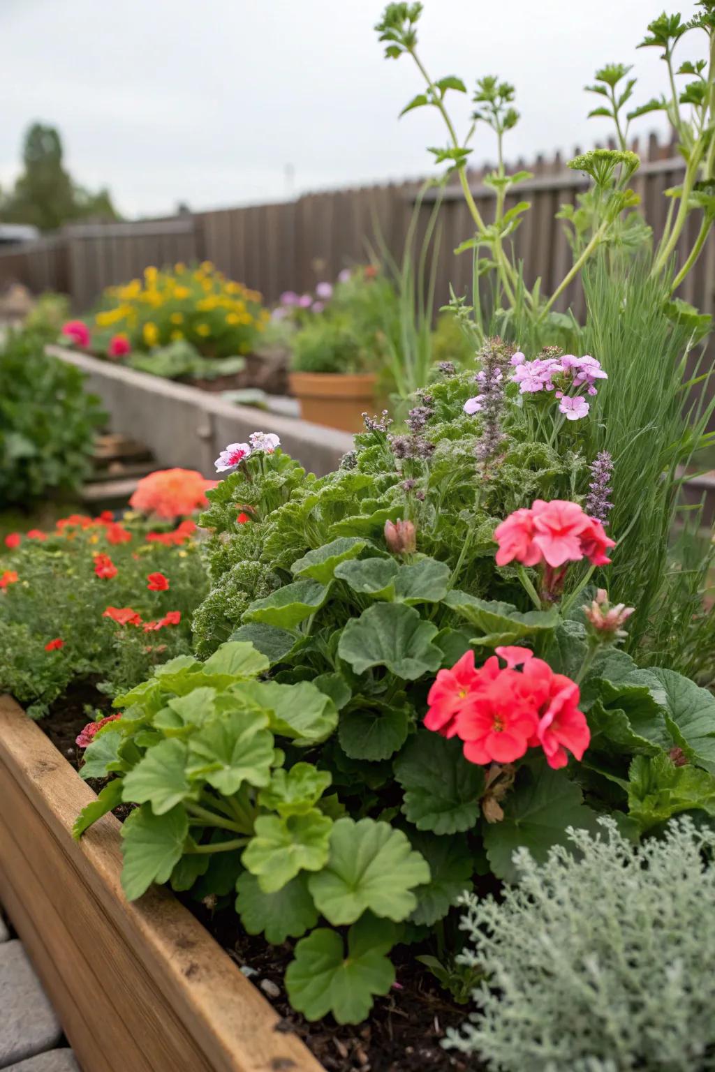 Herbs and geraniums together offer both fragrance and beauty.