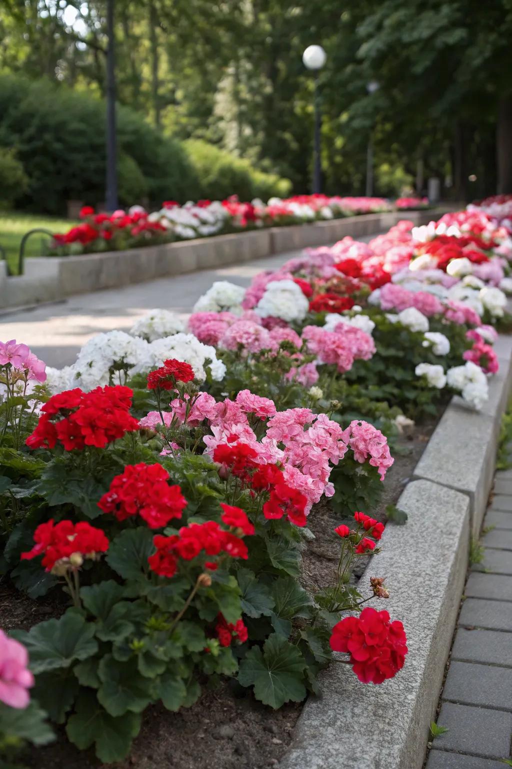 Color block planting with geraniums makes a bold garden statement.
