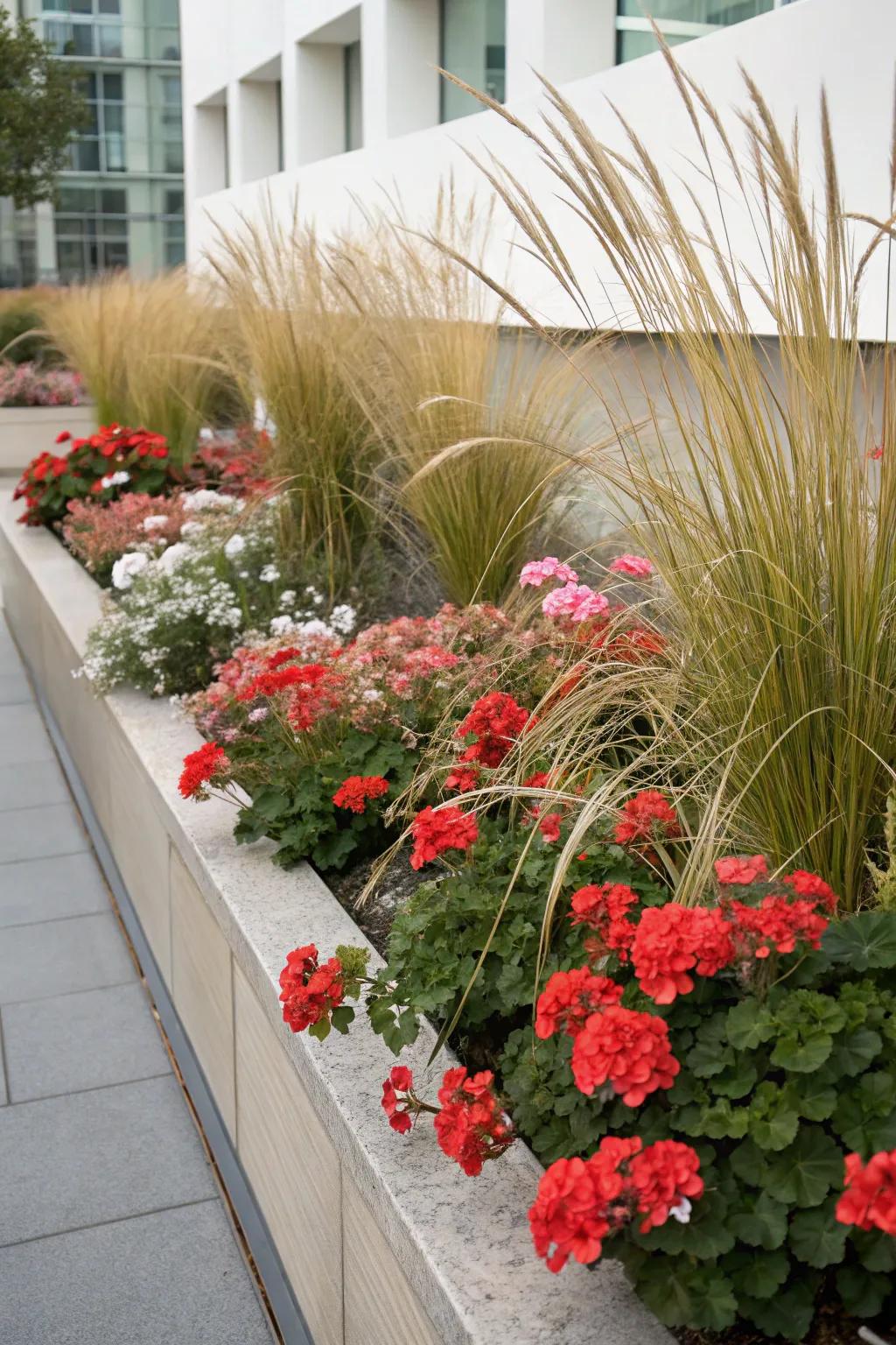 Geraniums and ornamental grasses together offer a modern and dynamic garden display.