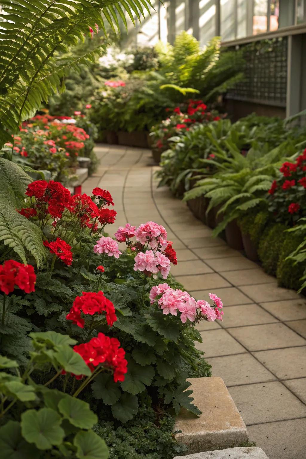 A mix of geraniums and ferns offers a lush and textured garden display.
