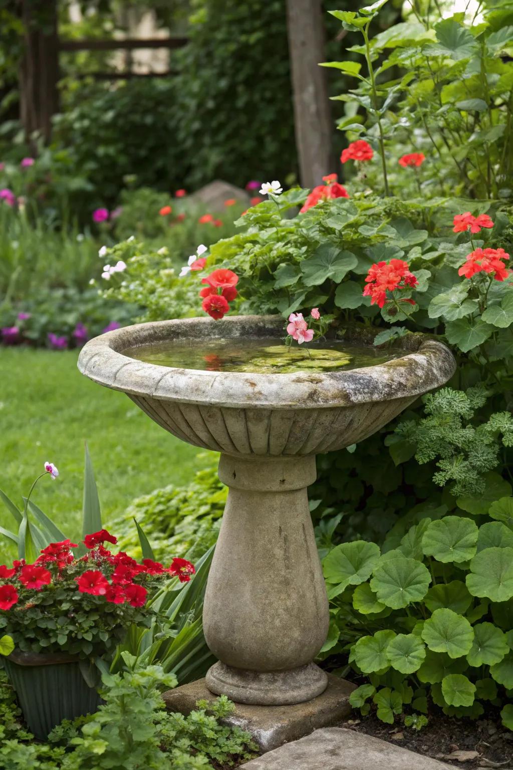 A bird bath filled with geraniums adds height and interest to the garden.