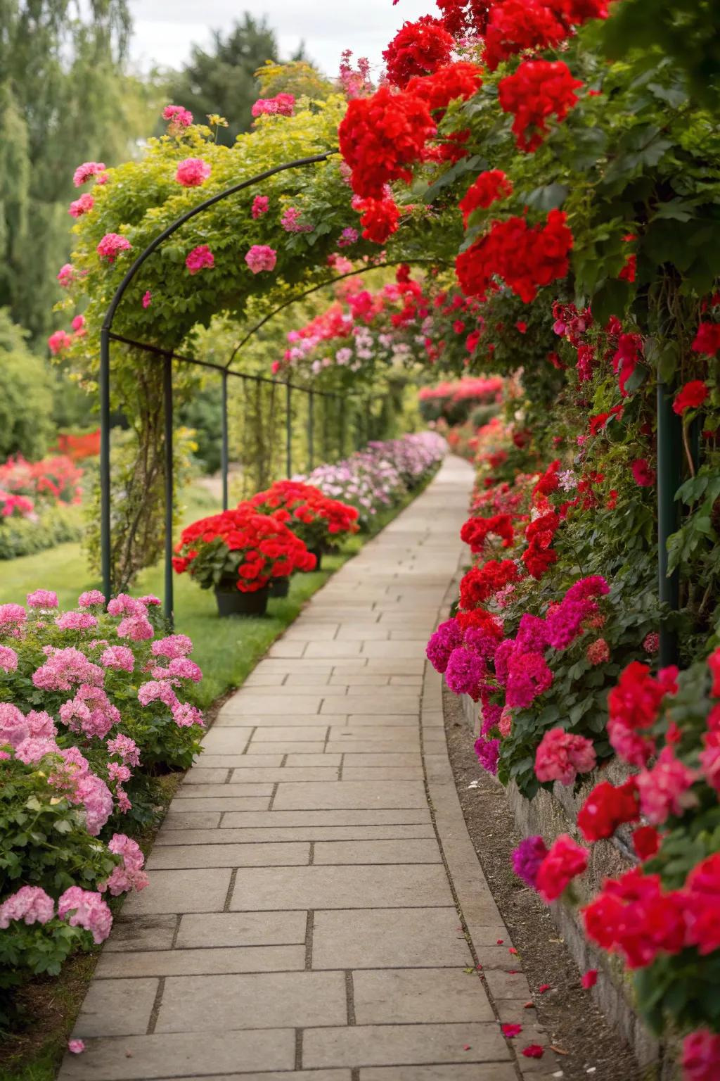 Geranium-edged pathways offer a delightful stroll through the garden.