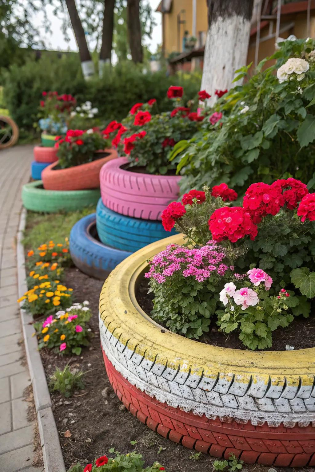 Upcycled tire planters offer a fun and sustainable twist to your geranium display.