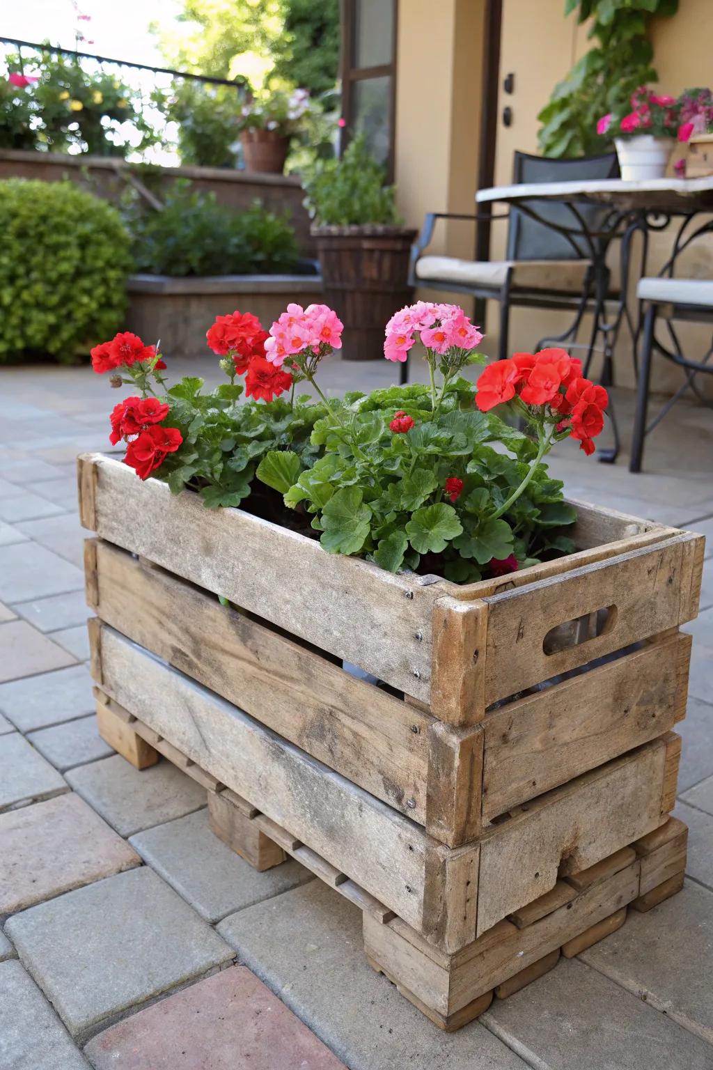 A repurposed wooden crate adds a rustic touch to geranium displays.