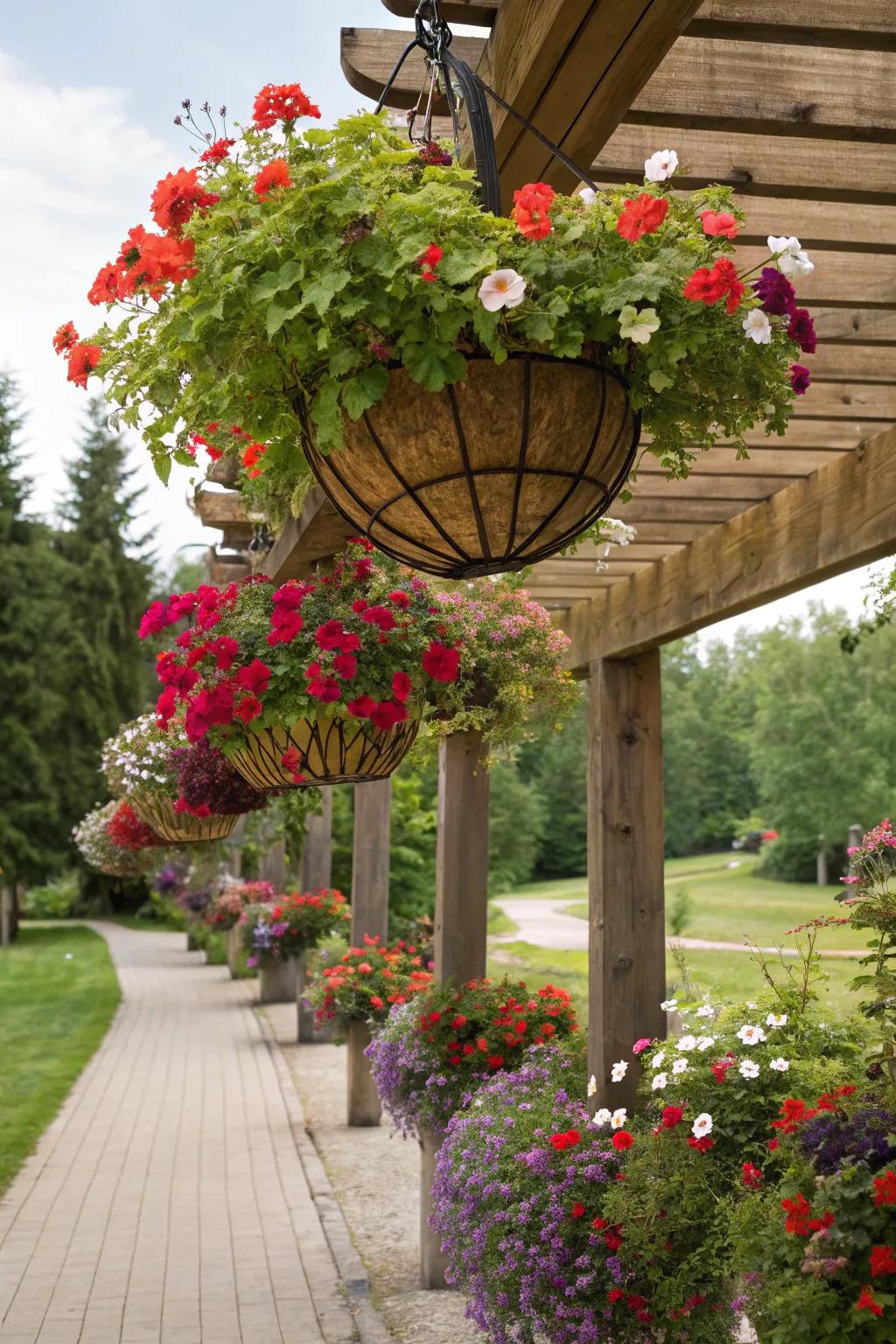 Cascading geraniums in hanging baskets add elegance and movement.