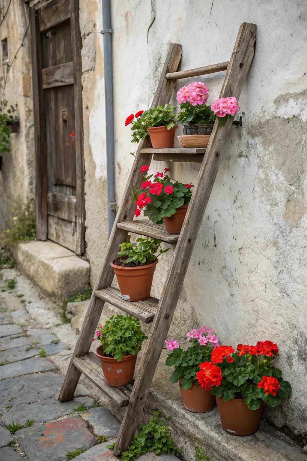 A vertical ladder garden provides a creative way to display geraniums.