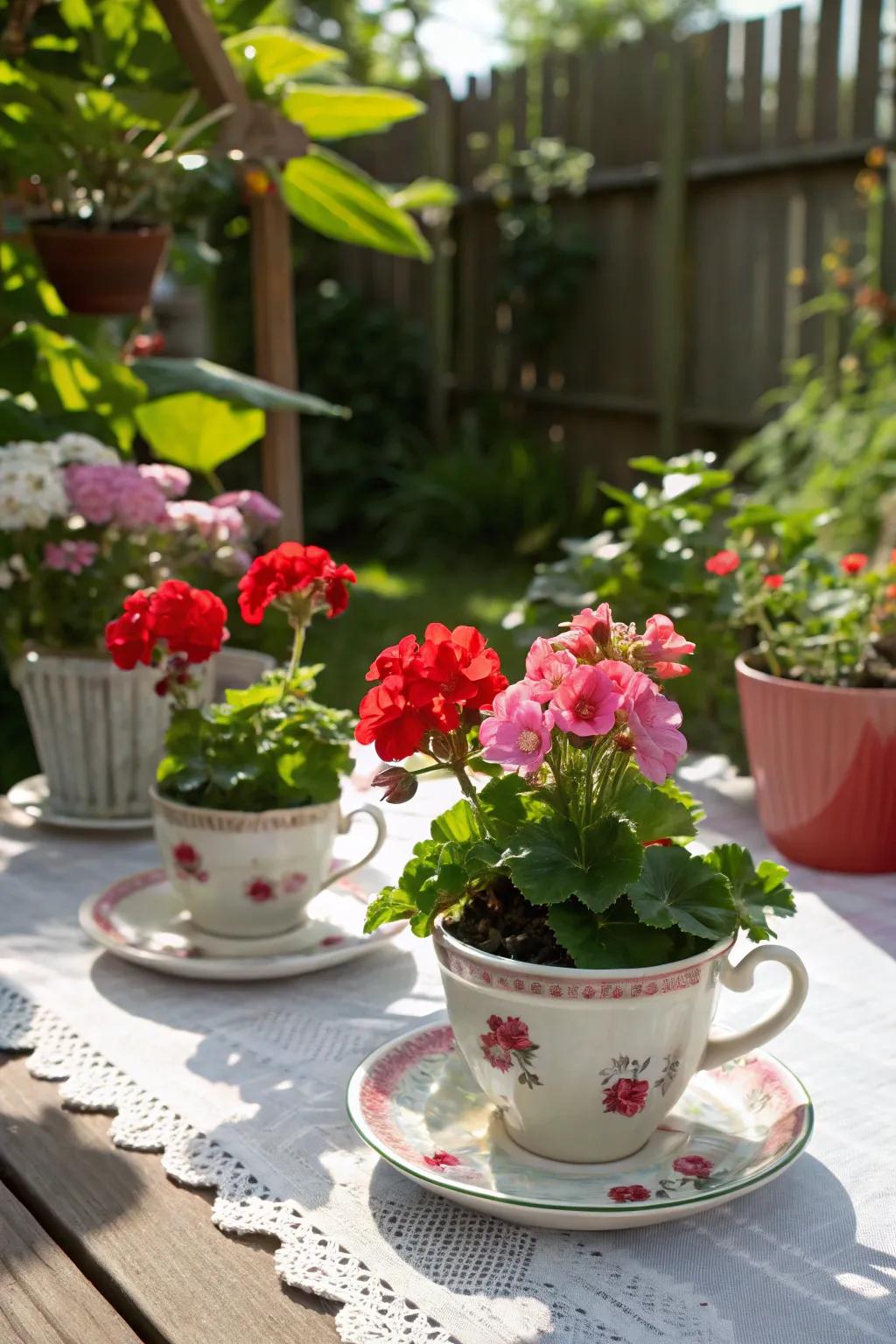 Tea cups make delightful and whimsical planters for mini geraniums.
