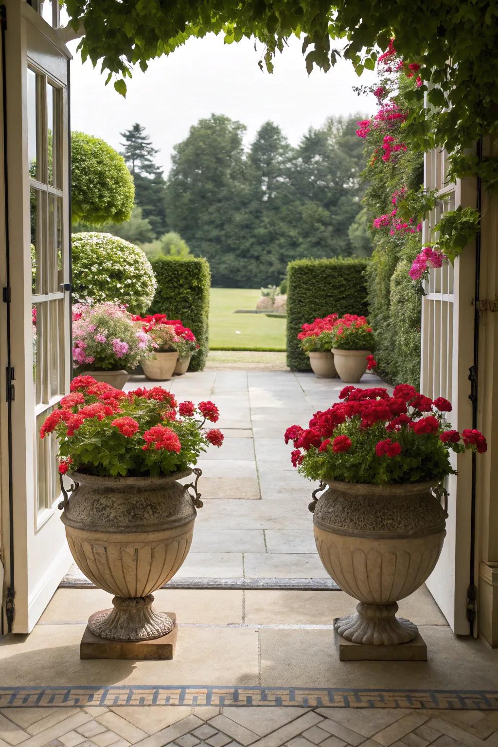 Potted geraniums provide flexible and charming decor for patios.