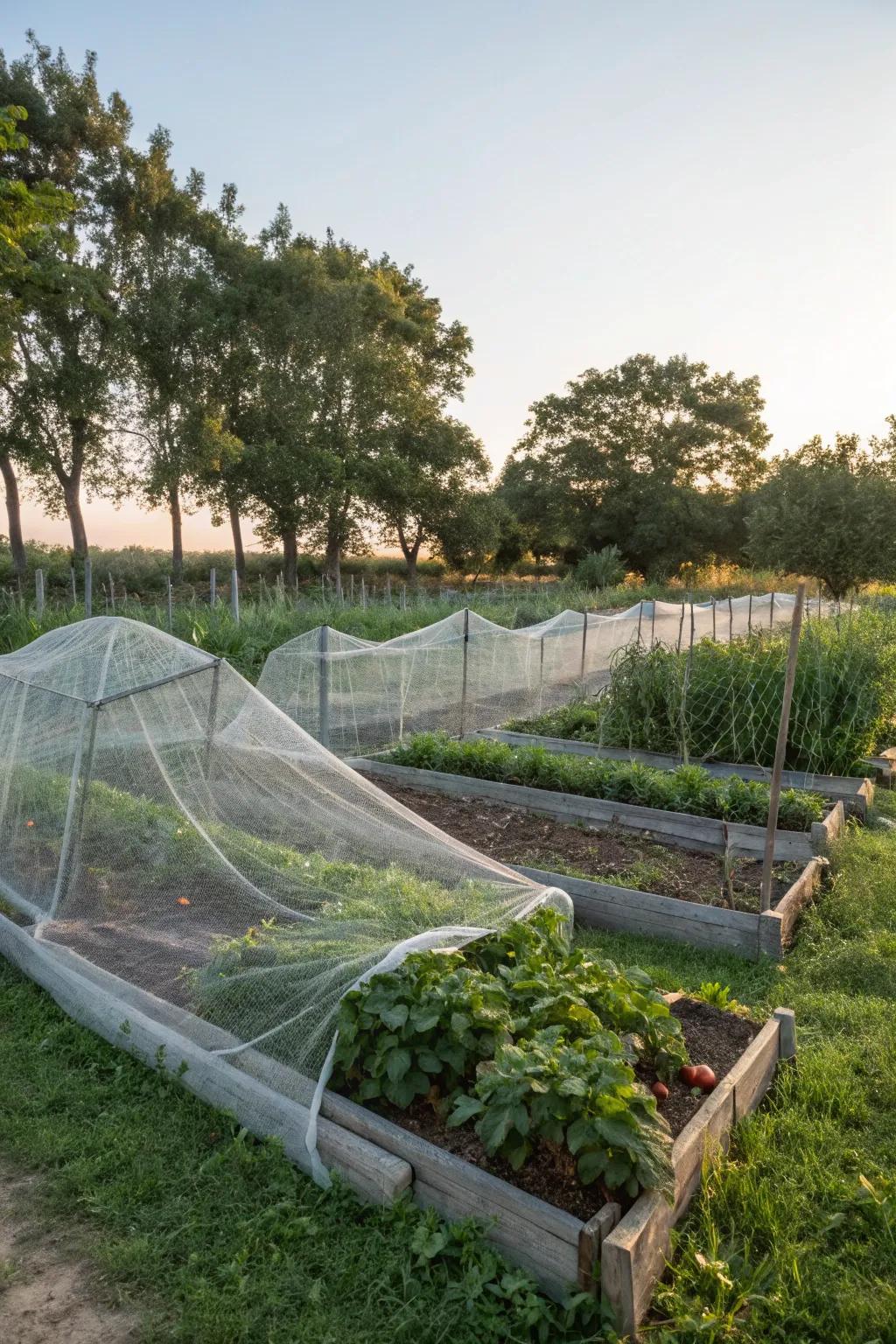Mesh covers safeguarding garden plants from critters.
