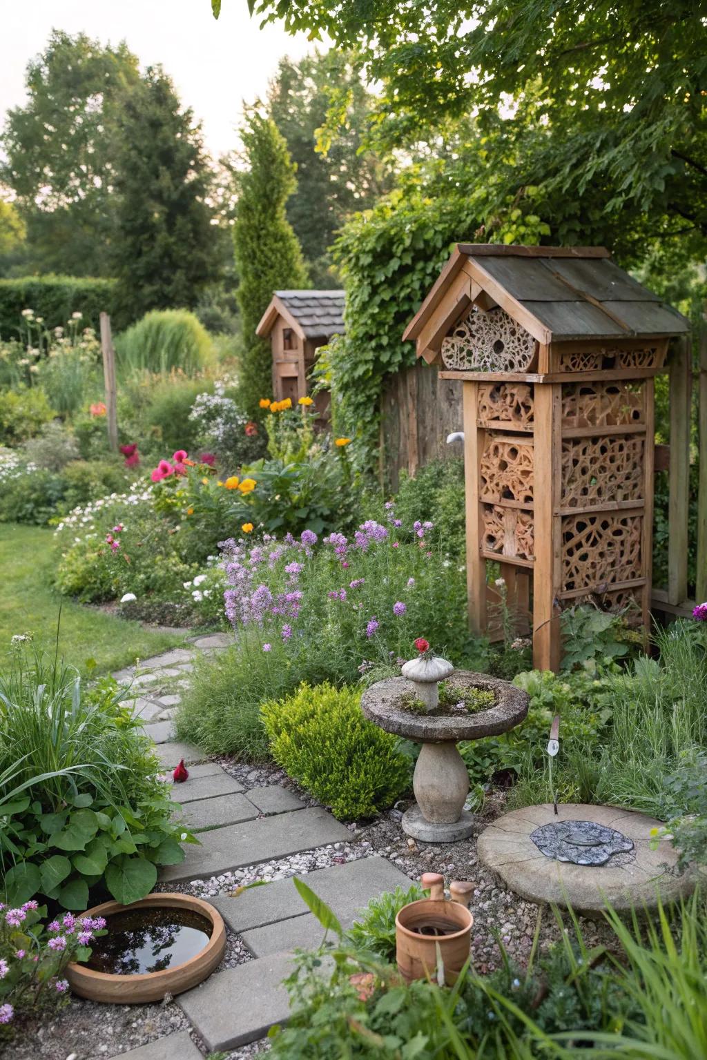 Insect hotels encouraging beneficial insects to thrive in the garden.