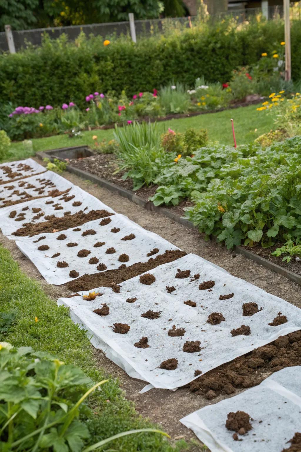 Cat scat mats protecting garden beds from critters.