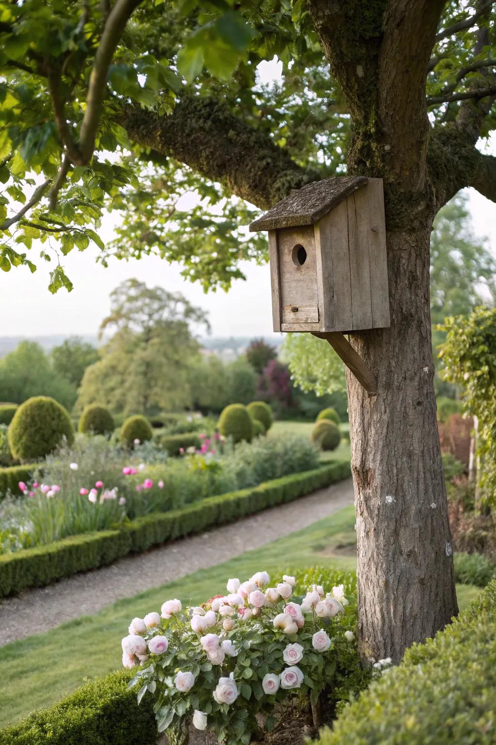 An owl box inviting predator birds to control garden critters.