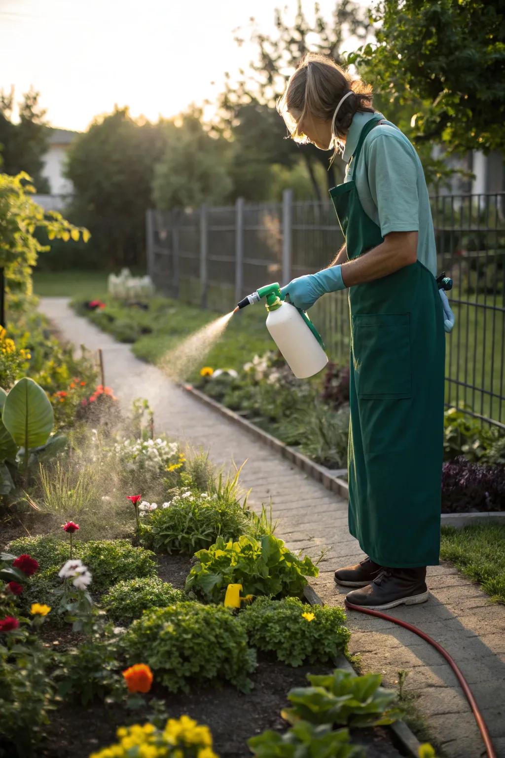 Natural repellents being applied to garden plants.