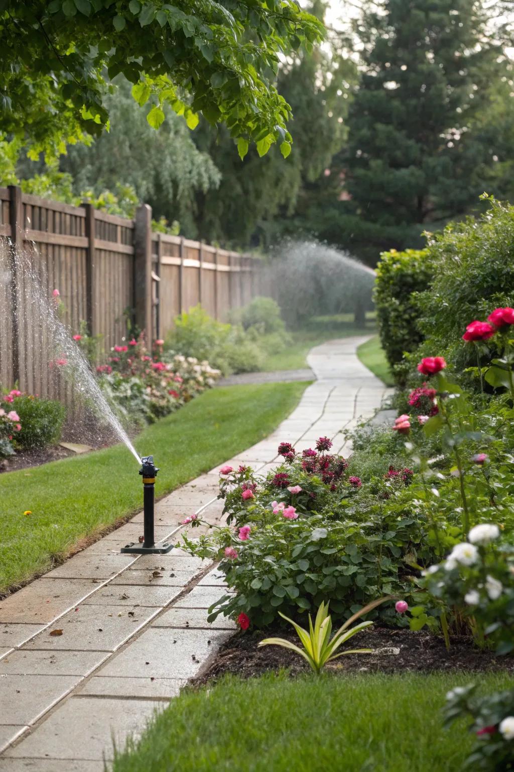 Motion-activated sprinklers ready to deter garden critters.