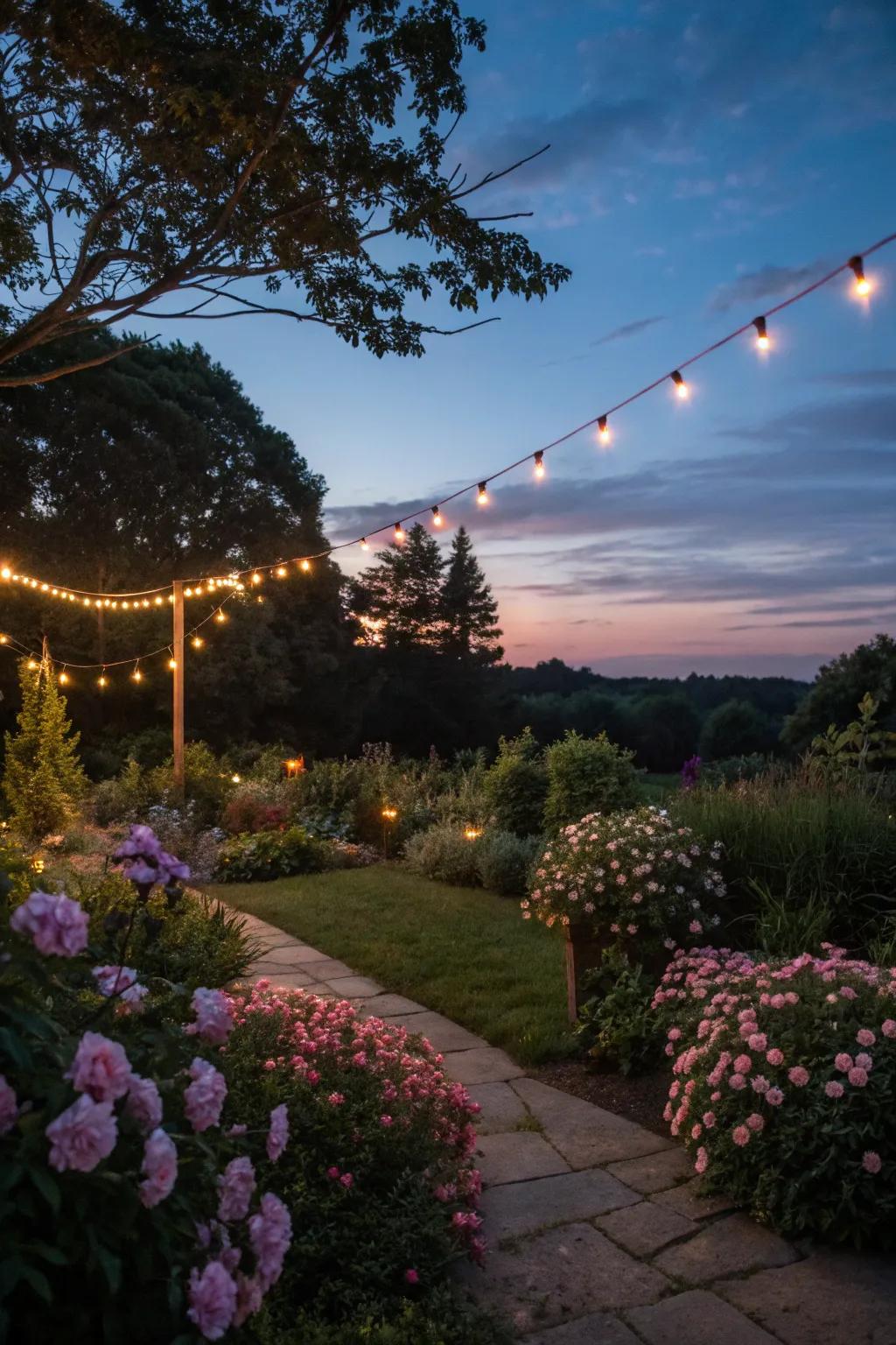 String lights bring a magical glow to any garden setting.