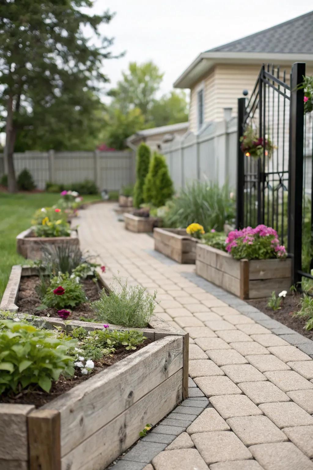 Define garden beds with a tidy paver path.