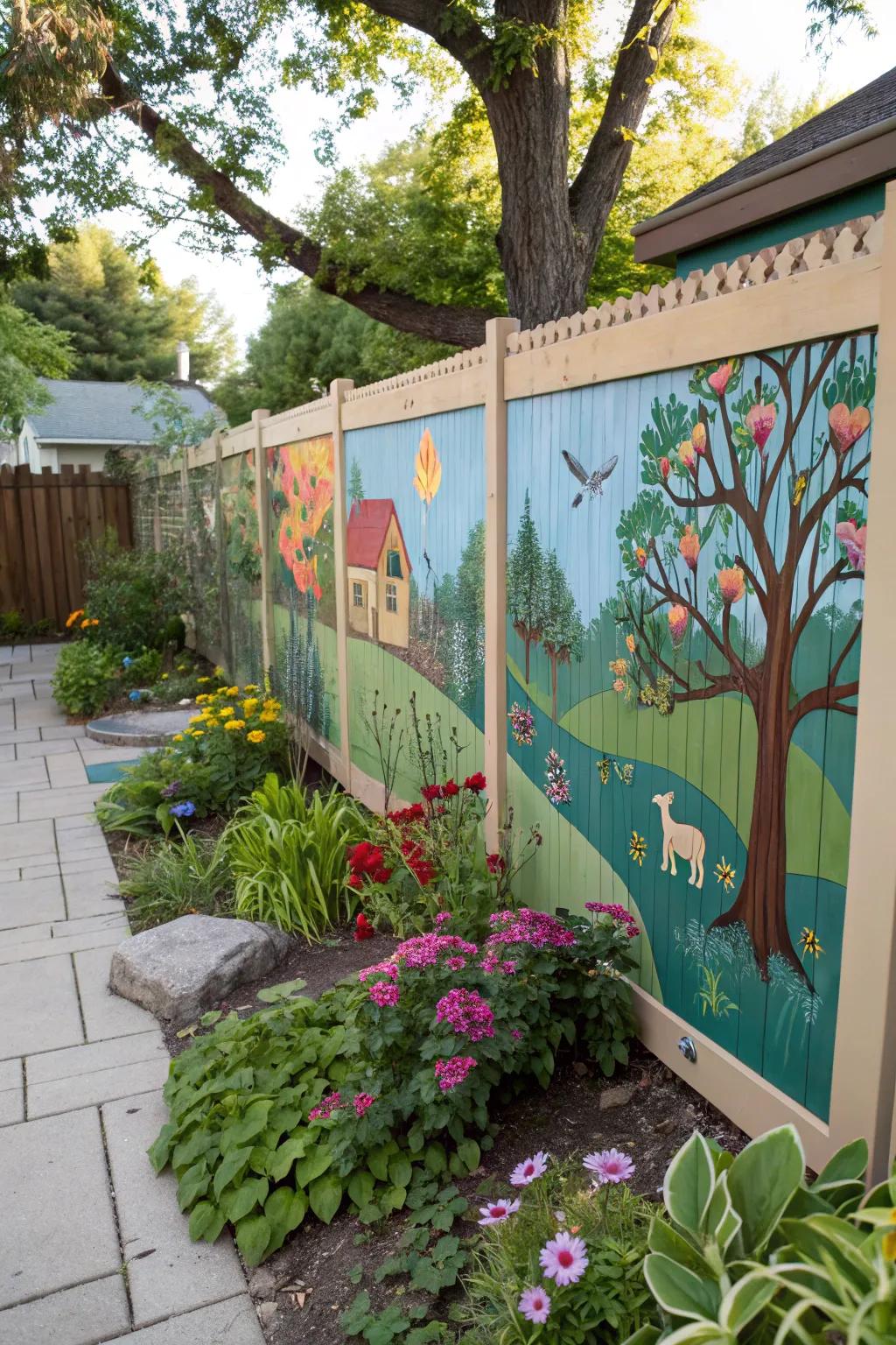 A painted mural brings vibrant art to your garden fence.