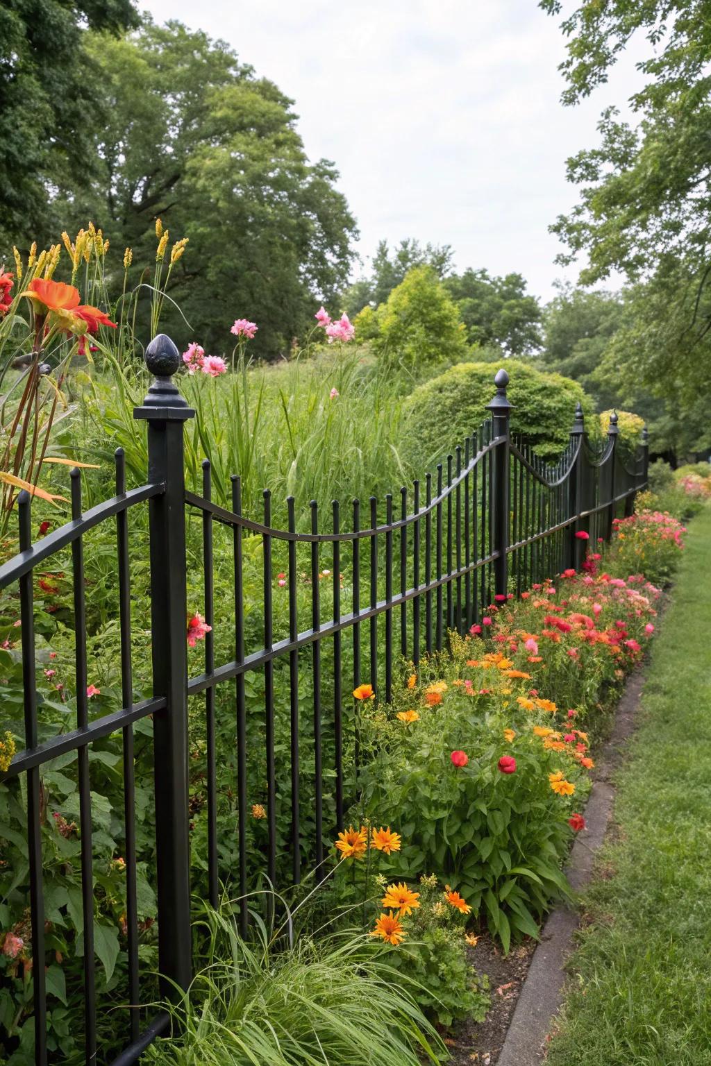 Black fences create striking contrasts in garden settings.