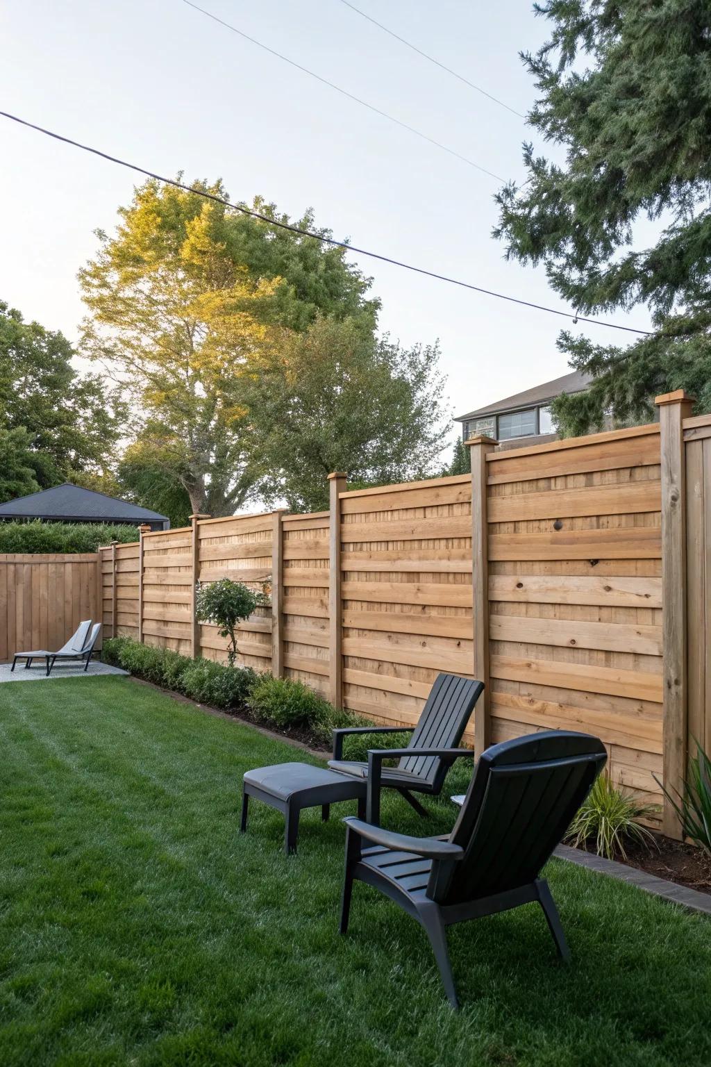 Horizontal wood fences add a modern touch to outdoor spaces.