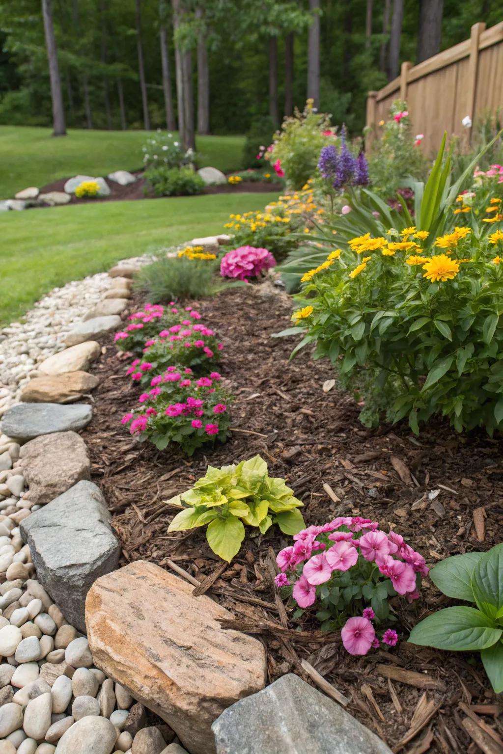 Mulch and stone combinations add texture and visual interest.
