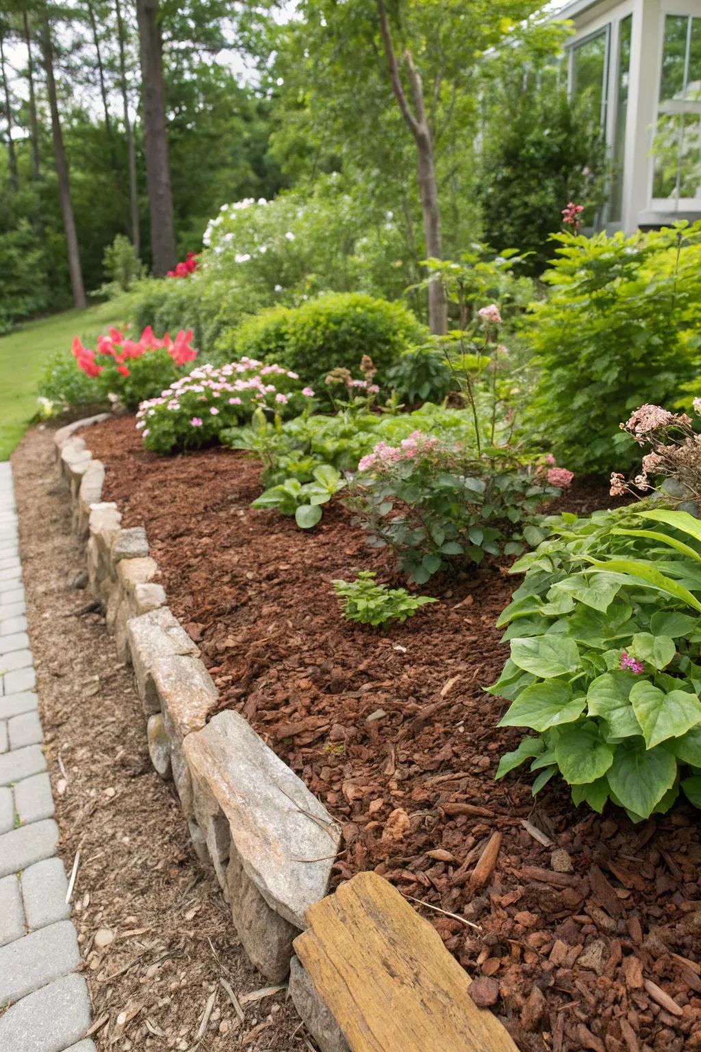 Bark mulch enriches soil and enhances garden aesthetics.