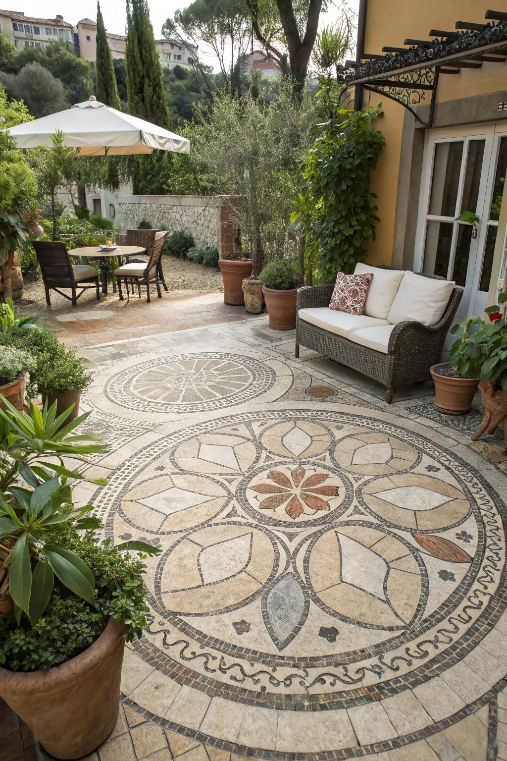 A stone mosaic patio is a work of art underfoot.