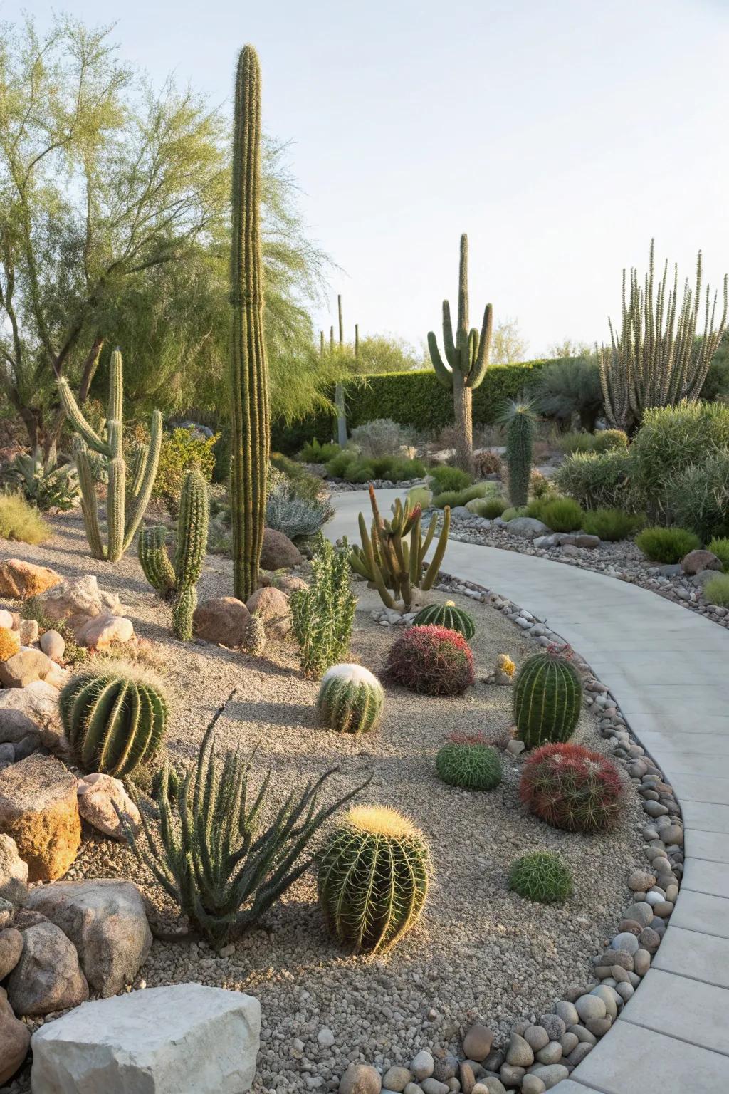 Sculptural cacti arrangements provide a bold and low-maintenance landscape feature.
