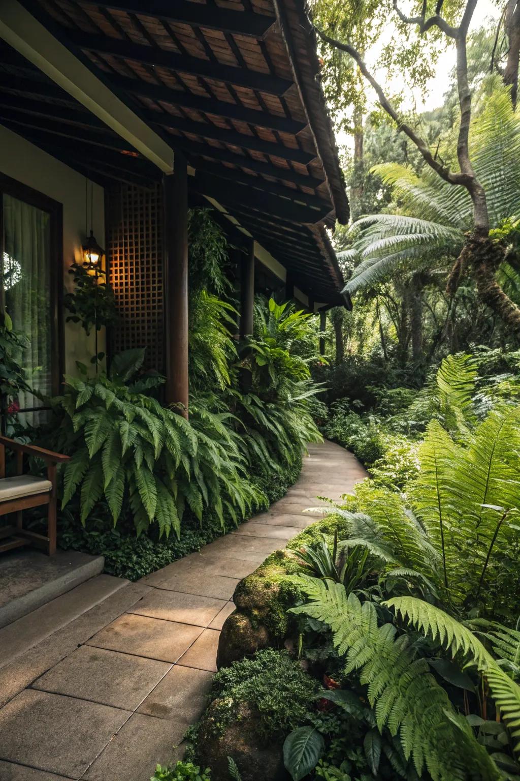 Leafy fern beds bring a touch of tropical elegance to your garden.