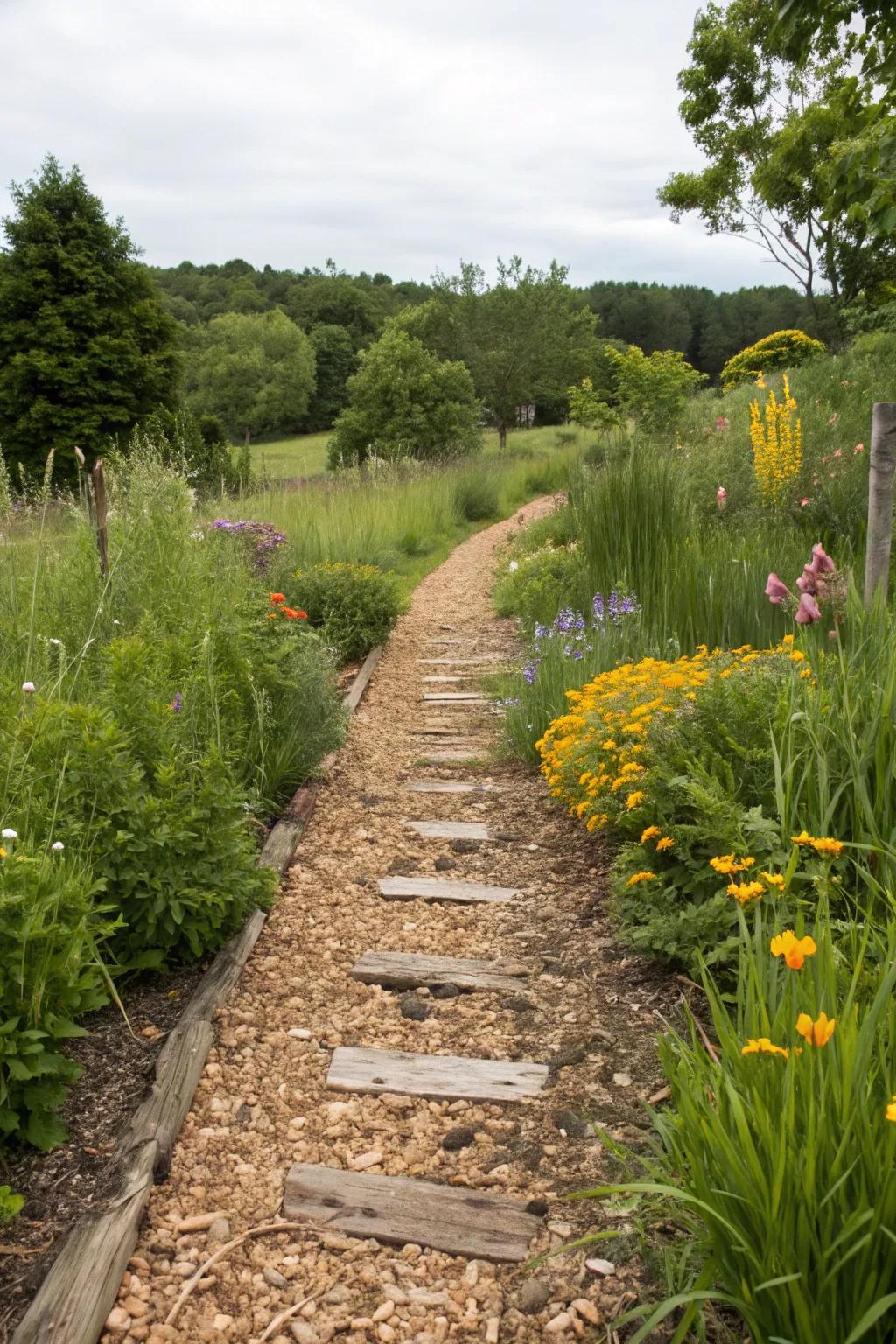 Wood chips add rustic charm and practicality to garden paths.