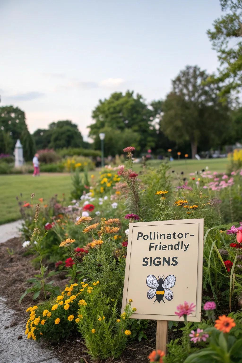 Educative signs inviting more pollinators and people.