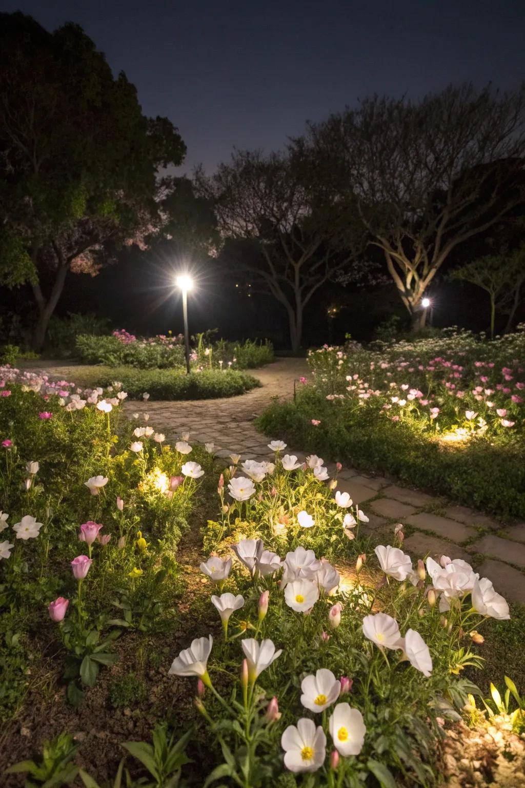 A night garden glowing with beauty and pollinator activity.