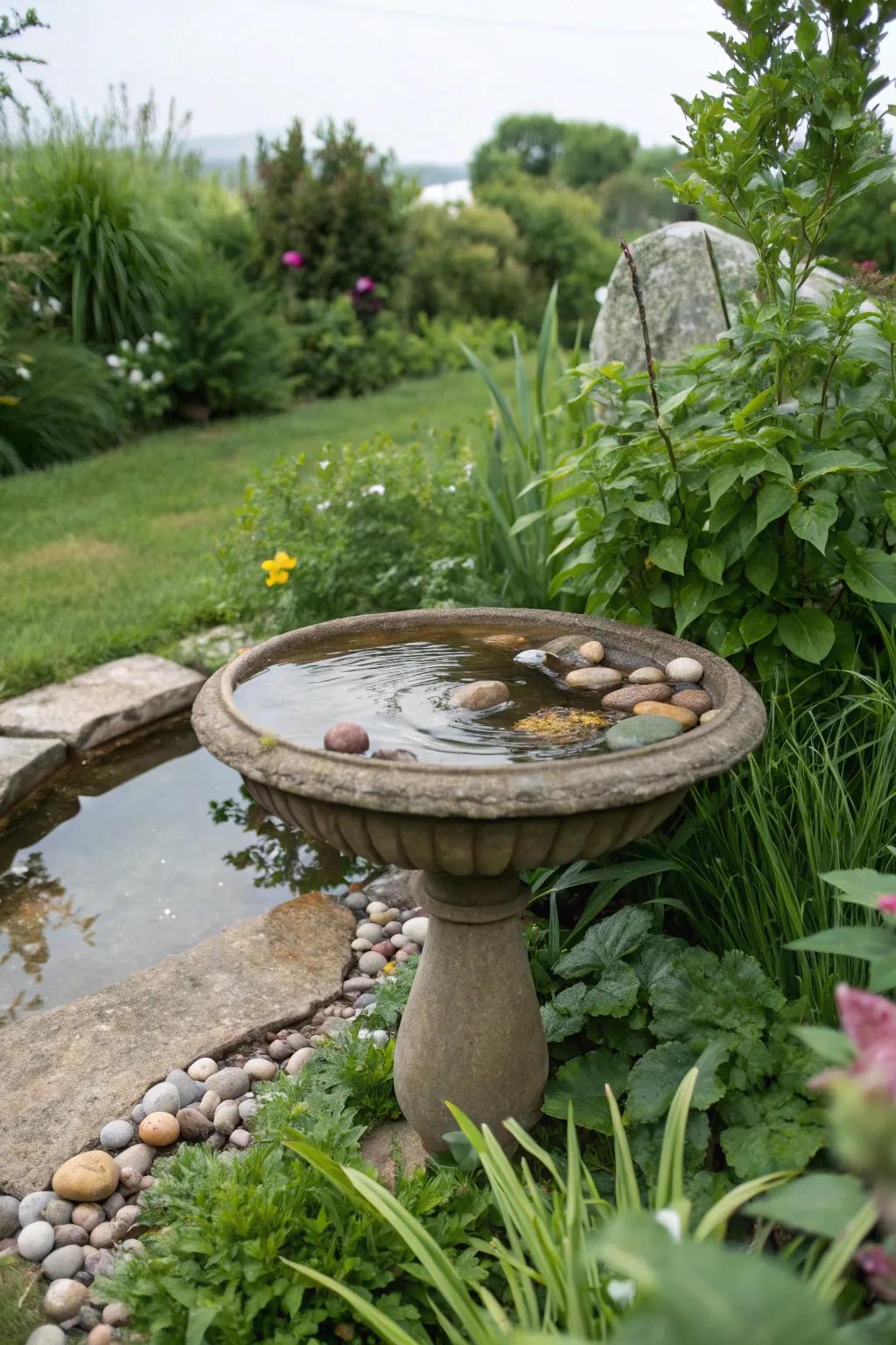 A serene water feature perfect for pollinators.
