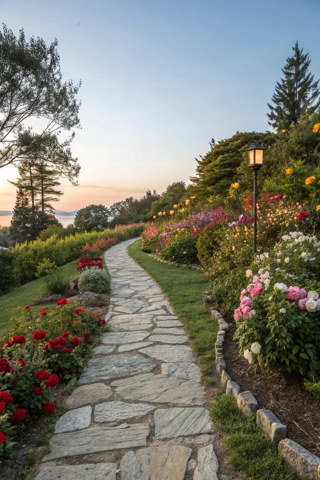 A charming garden path lined with colorful blooms.