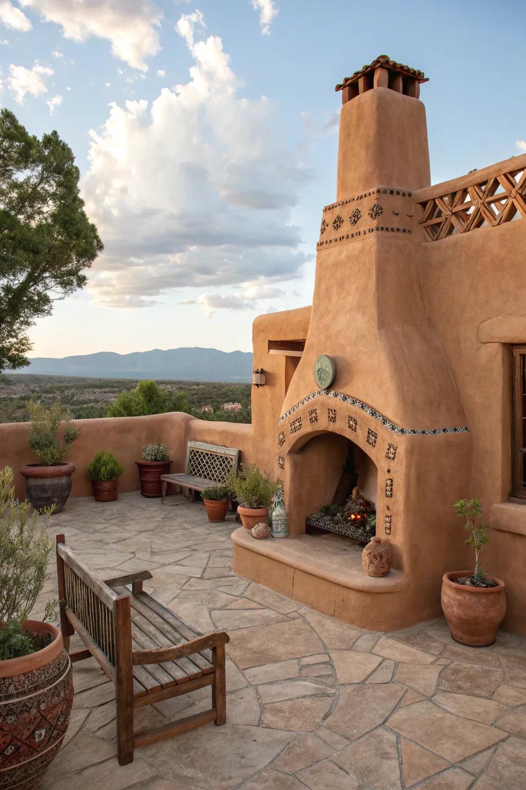 A Southwestern fireplace adds charm and warmth.