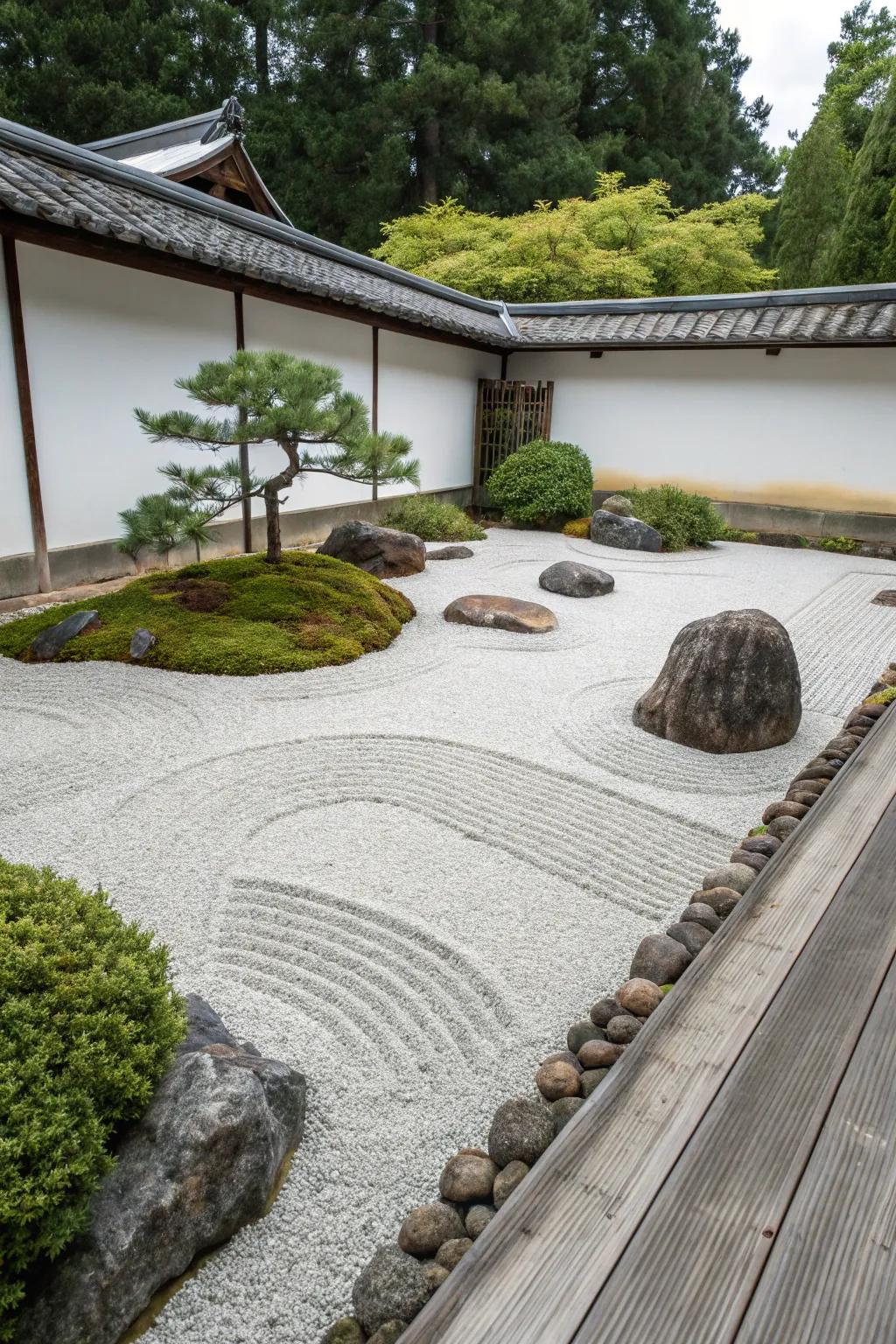 A minimalist Zen garden with meticulously raked gravel.