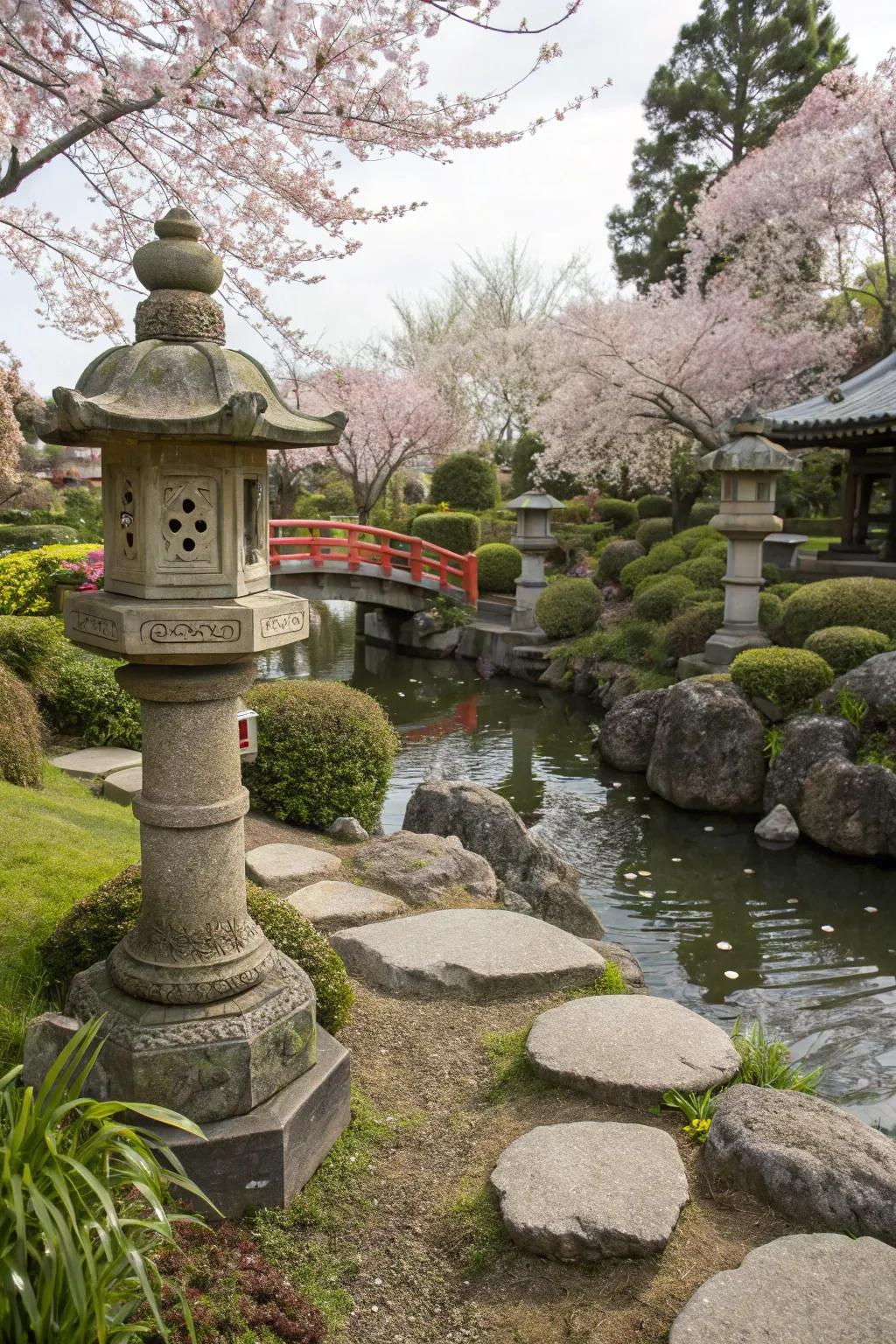 Stone lanterns adding cultural depth to a Japanese garden.