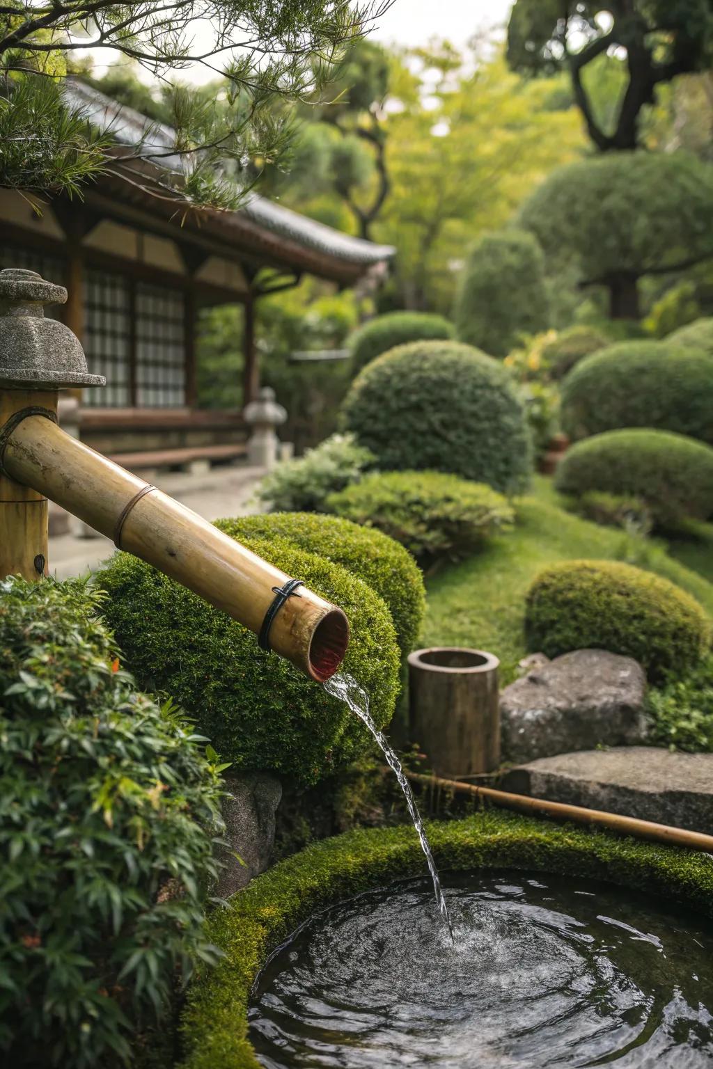 A bamboo water feature creating soothing sounds in a Japanese garden.