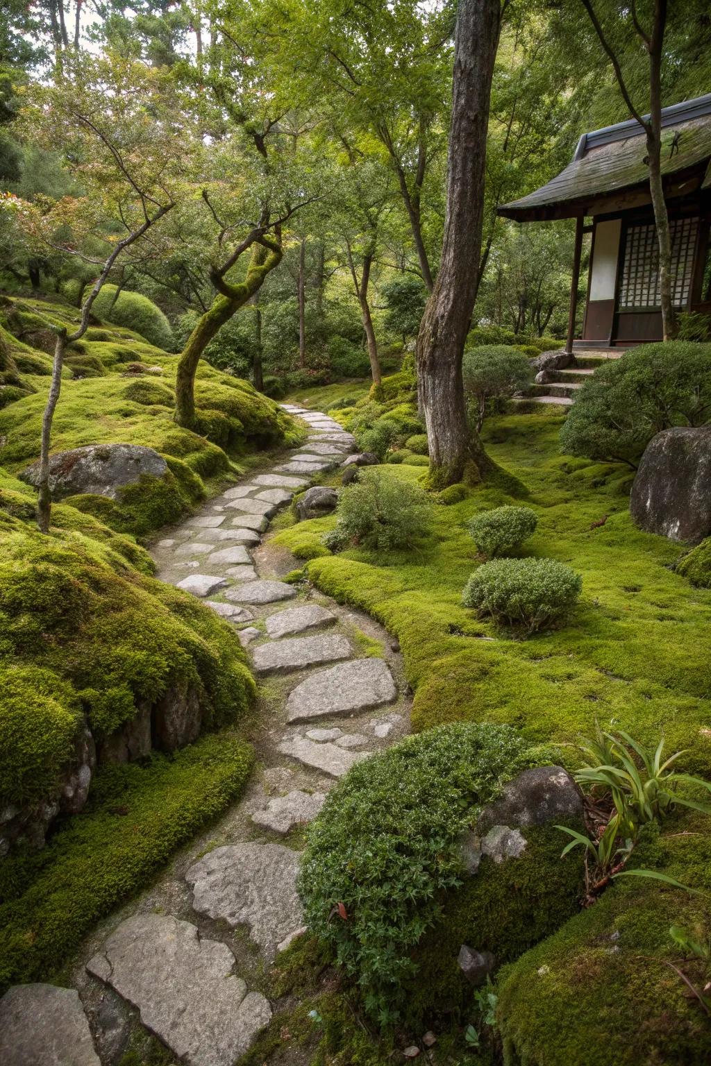 Moss adding a soft, timeless touch to a Japanese garden.