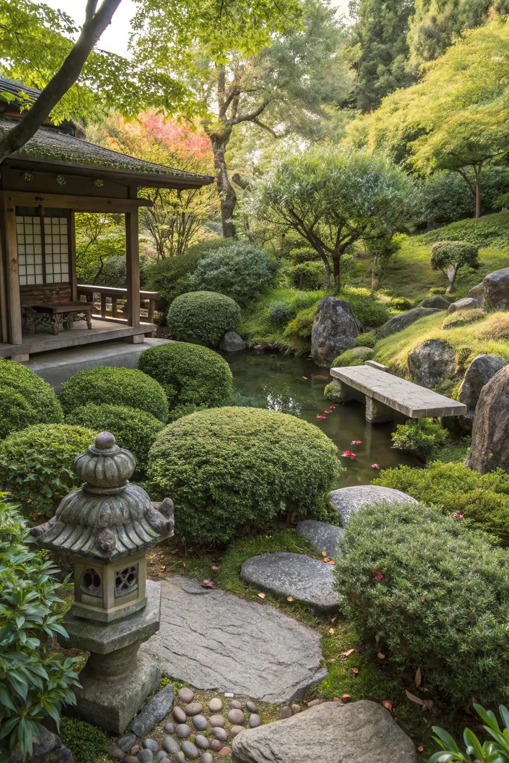 A hidden seating area in a Japanese garden offering privacy.