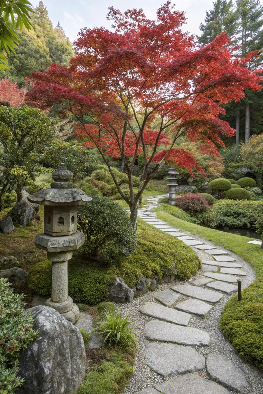 A red maple tree providing a vibrant focal point in a Japanese garden.