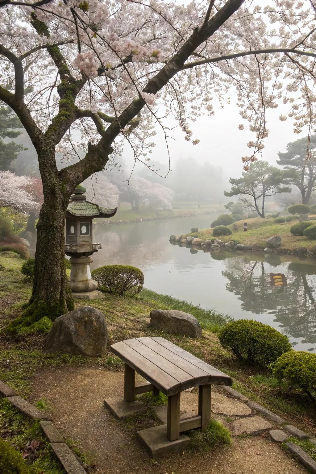 A cozy seating area inviting quiet reflection in a Japanese garden.