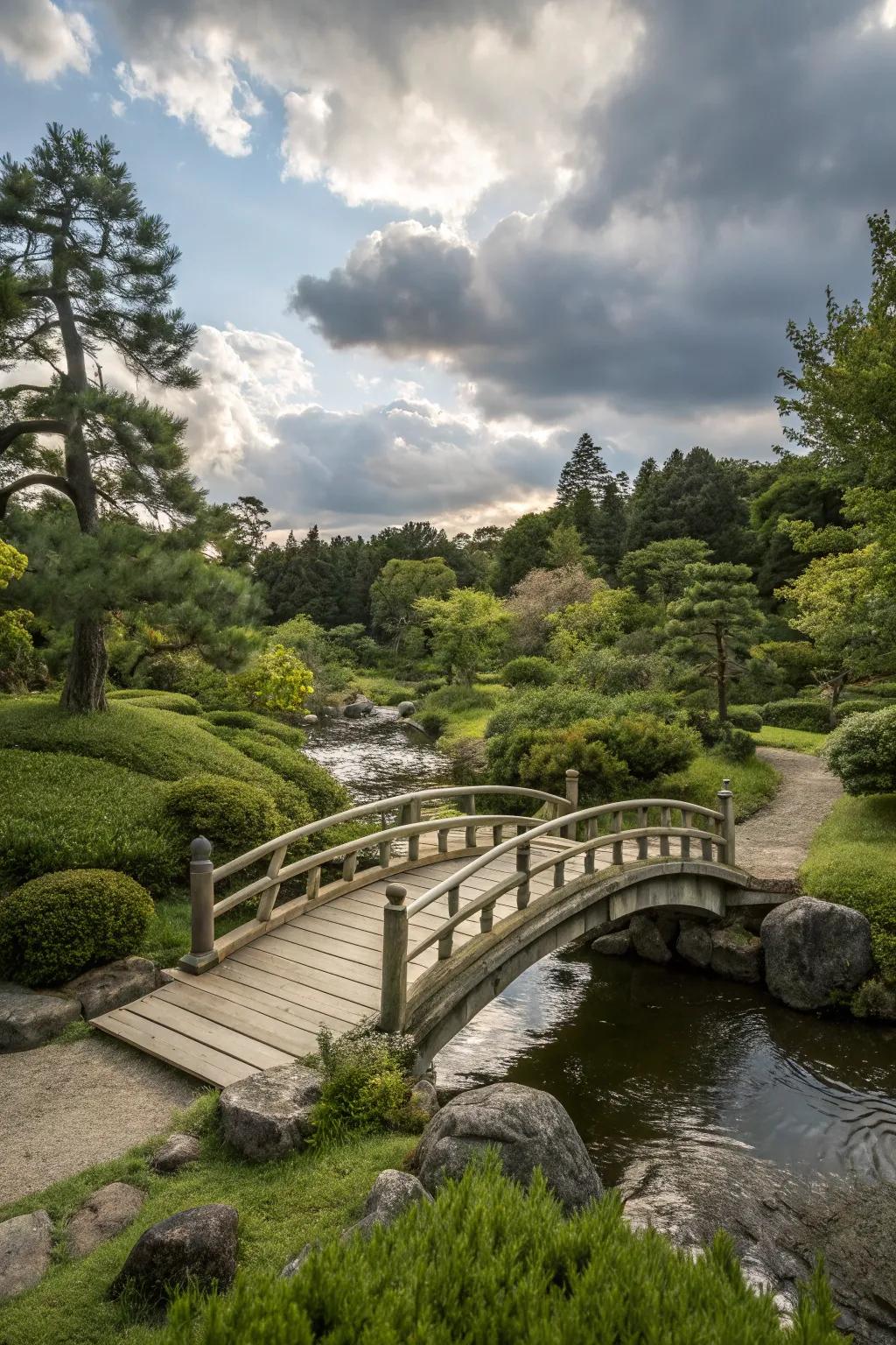 A charming wooden bridge nestled in a Japanese garden.