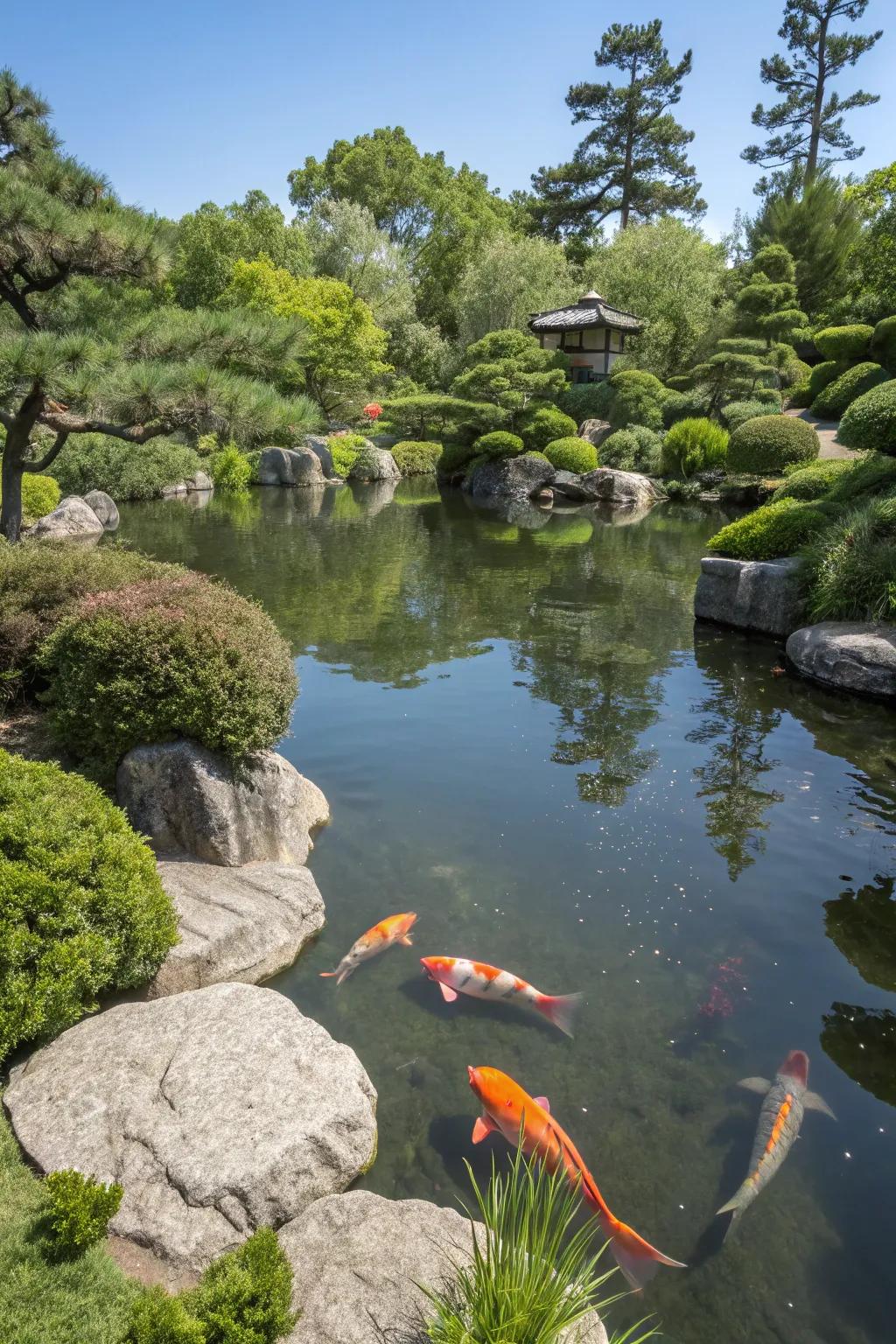 A Japanese garden pond with koi fish swimming peacefully.