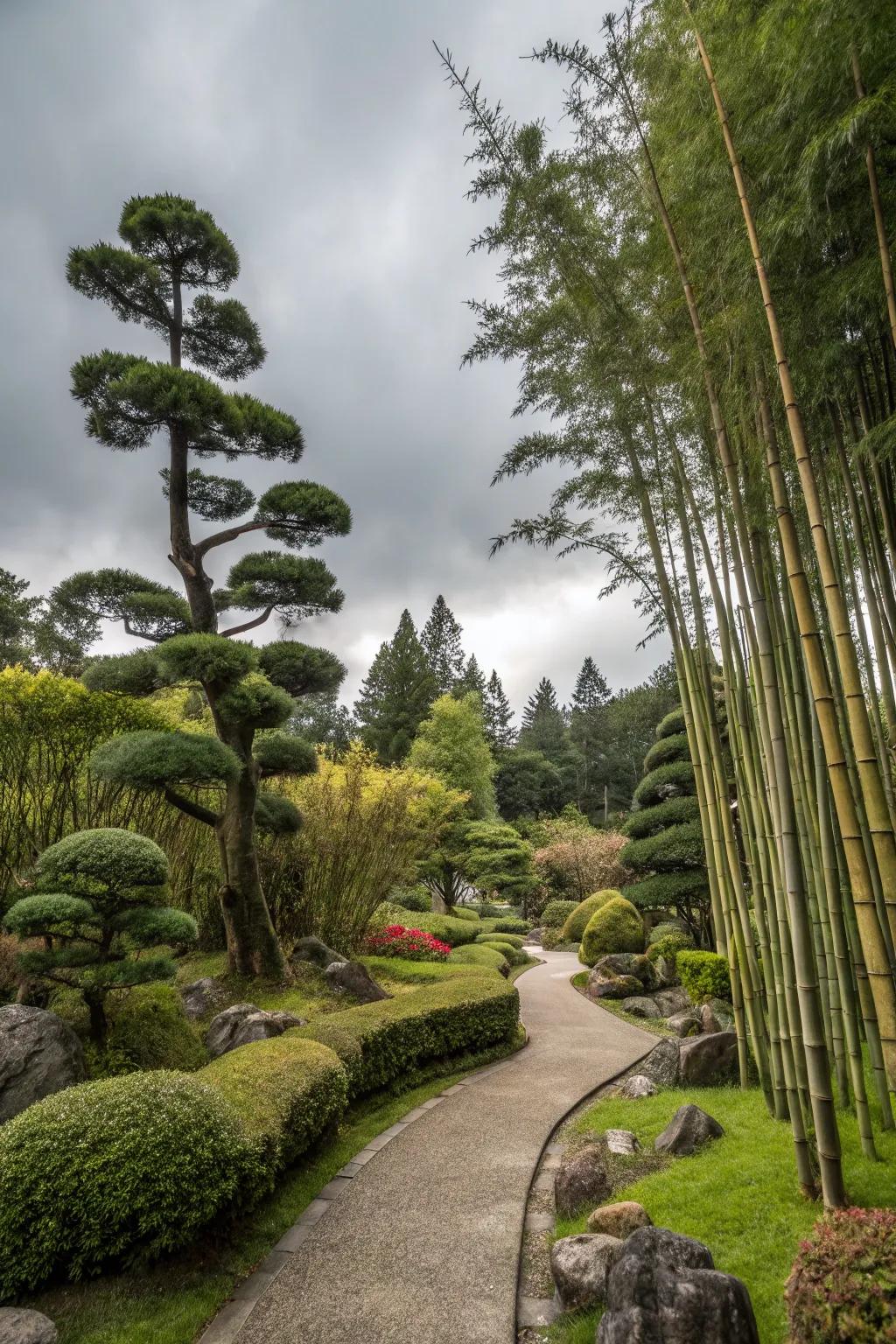 Bamboo and bonsai trees enhancing the serenity of a Japanese garden.