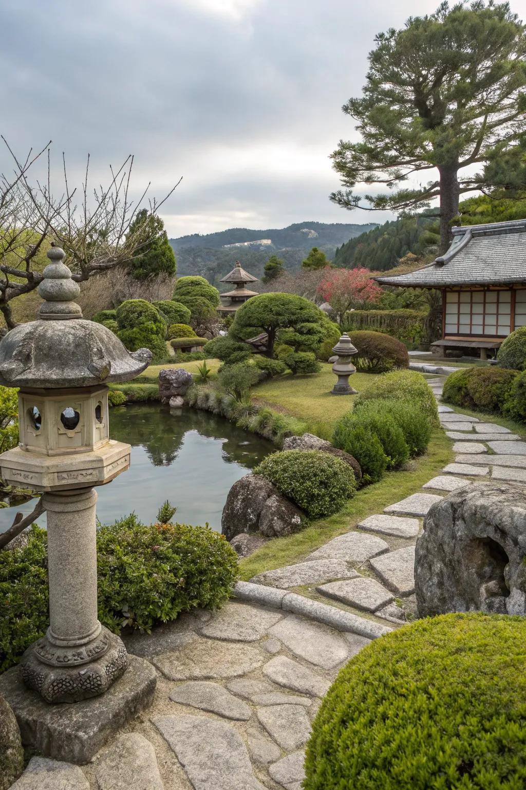 Borrowed scenery expanding the horizons of a Japanese garden.