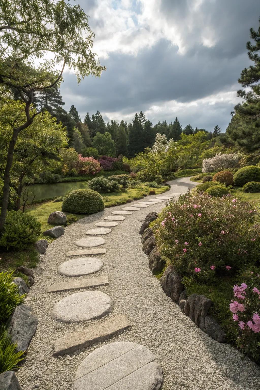 A tranquil Japanese garden pathway with stepping stones.