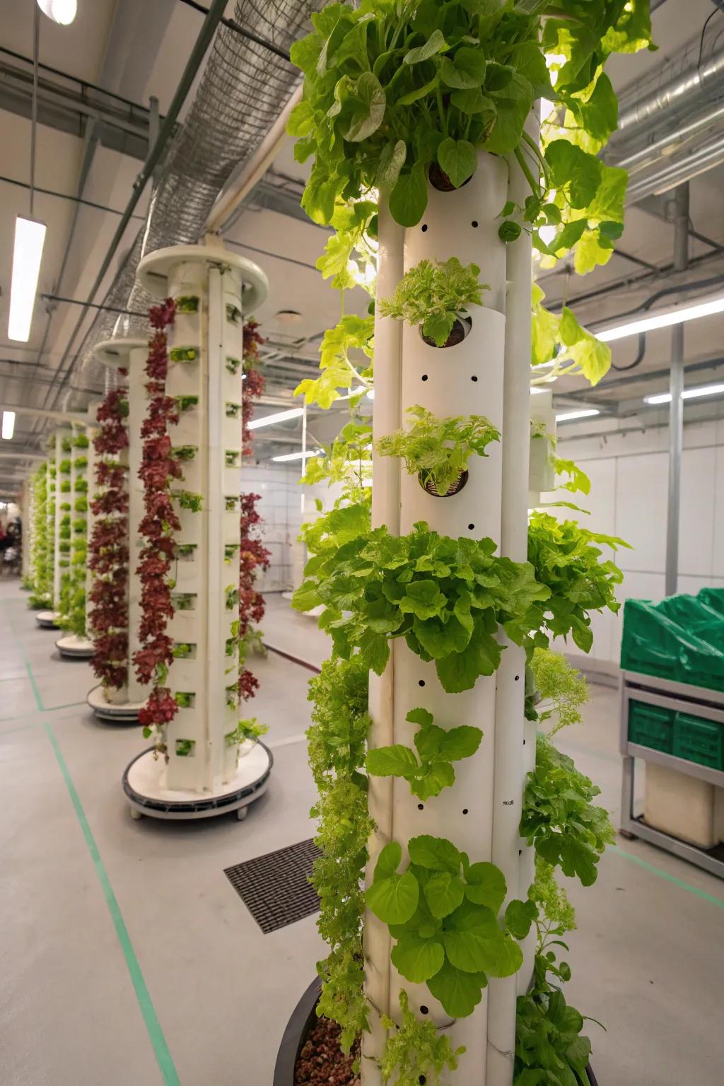 Vertical hydroponic towers: a space-saving marvel in underground farming.