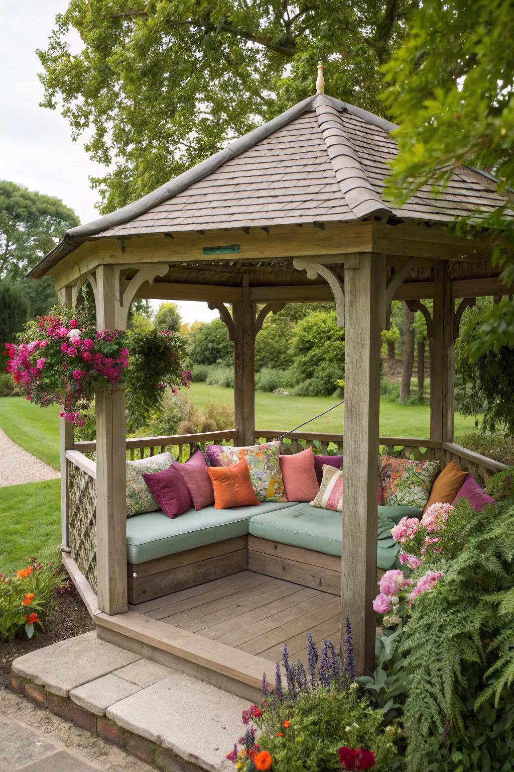 Corner sofas make a gazebo feel like an outdoor living room.