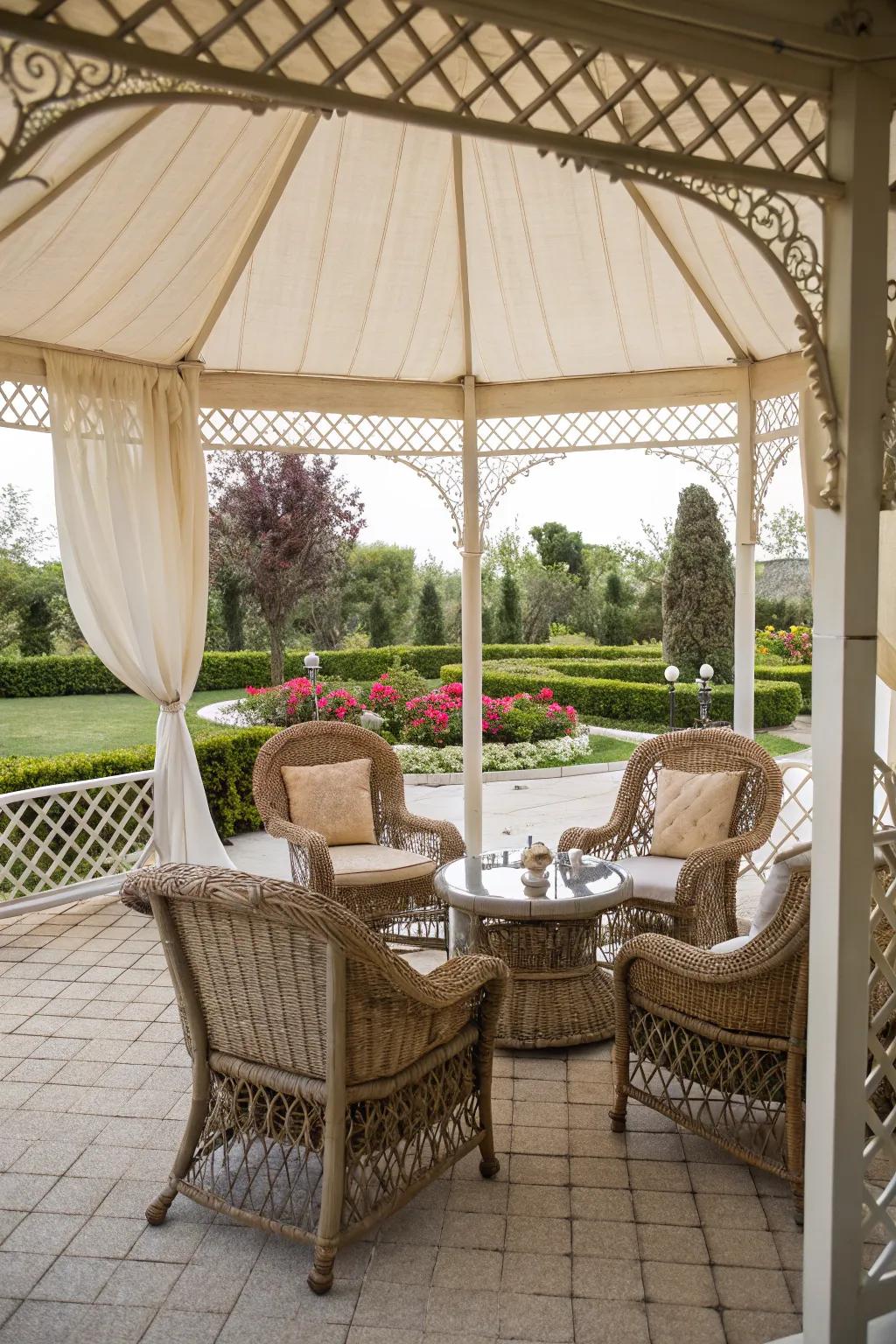 Wicker armchairs bring classic charm to any gazebo.